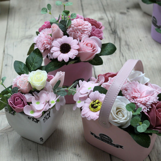 Soap Flowers Petite Basket Bouquet - Peaceful Pink