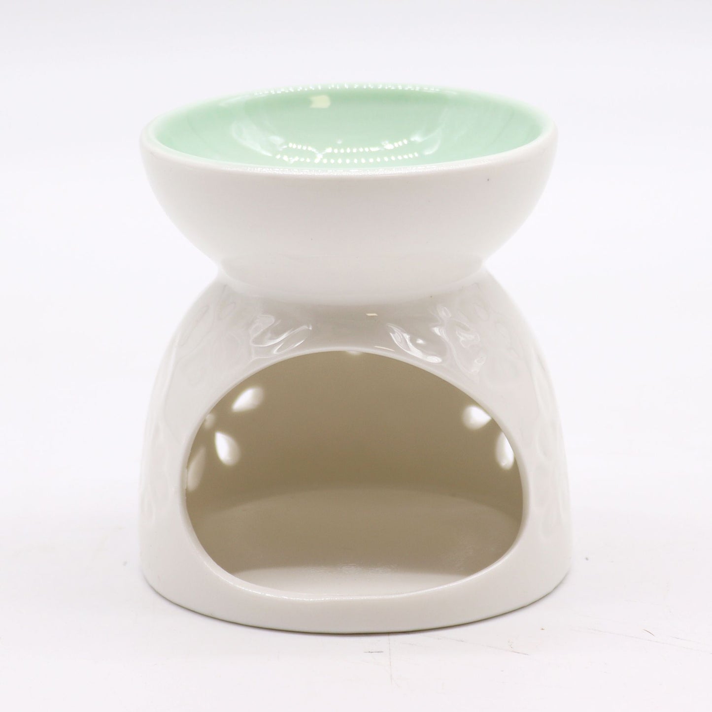 Classic White Oil Burner (Floral with Teal Well) - Ceramic Wax & Oil Warmer