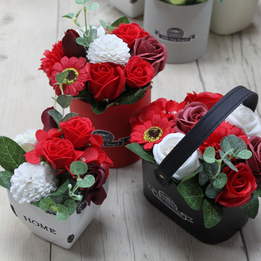 Soap Flowers Petite Basket Bouquet - Rich Reds