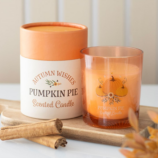 Pumpkin pie scented candle with packaging on a white surface