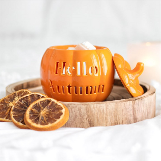 Orange wax warmer with 'Hello' text on a wooden tray with dried oranges.