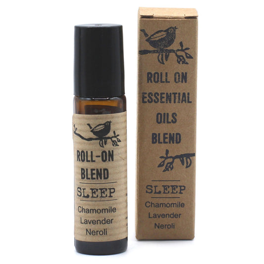 Roll-on essential oils blend with packaging on a white background