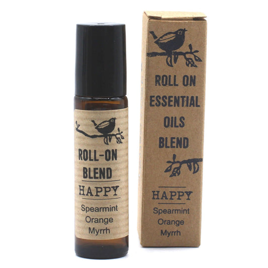 Roll-on essential oils blend with packaging on a white background