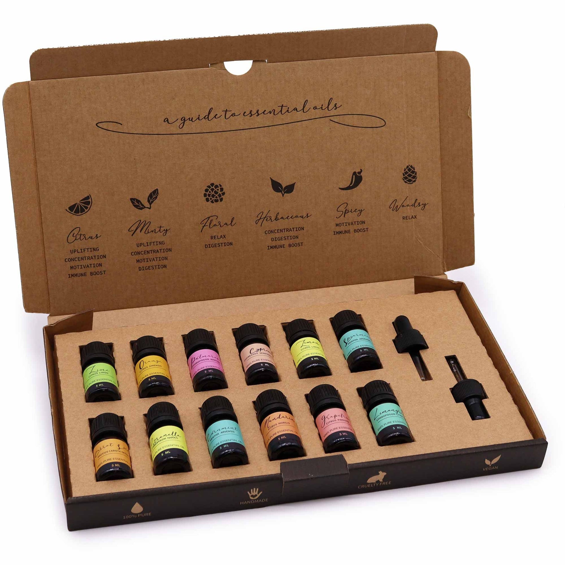 Set of essential oil bottles in a cardboard box with labels on a white background