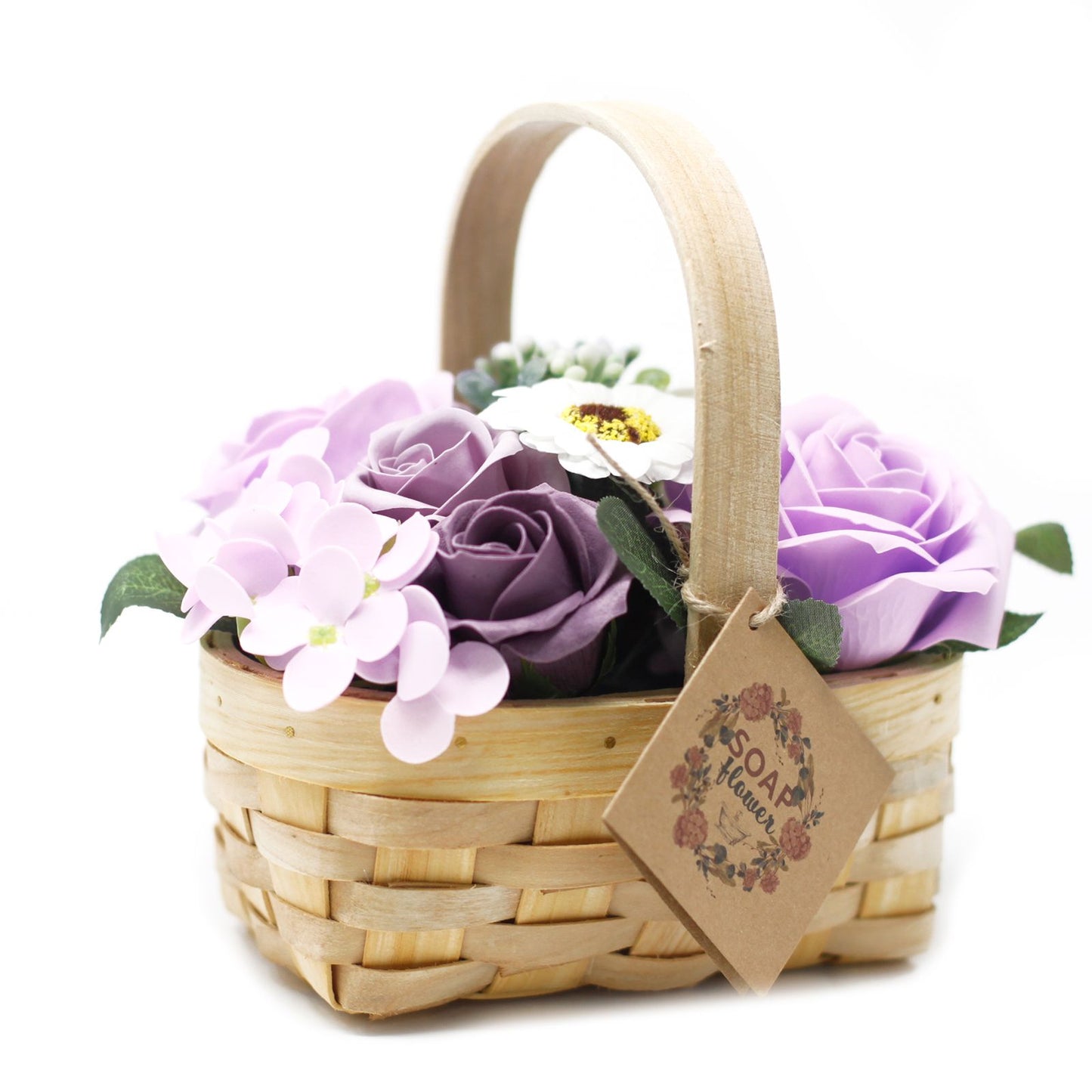 Soap Flowers Medium Bouquet in Wicker Basket - Lilac