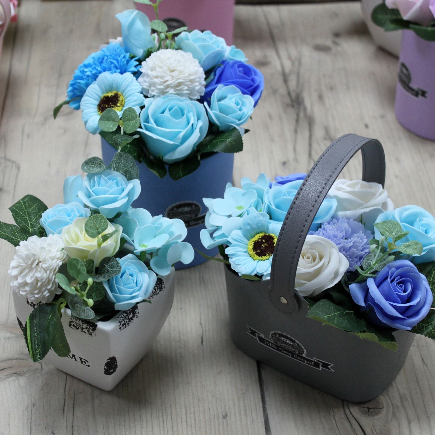 Soap Flowers Petite Basket Bouquet - Soothing Blues