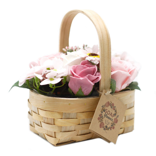 Soap Flowers Medium Bouquet in Wicker Basket - Pink
