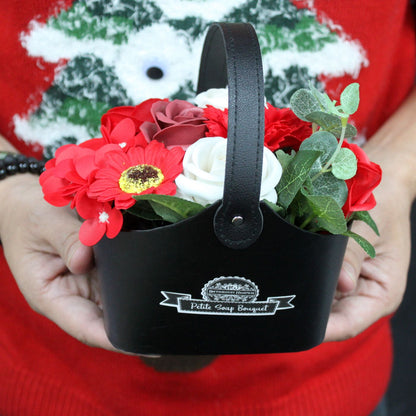 Soap Flowers Petite Basket Bouquet - Rich Reds