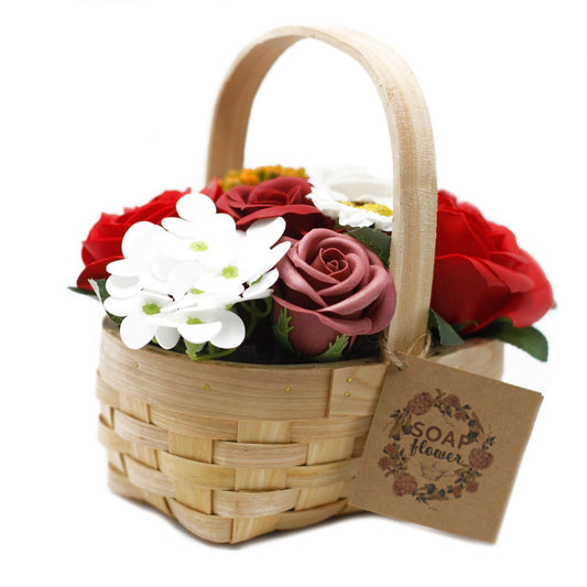 Soap Flowers Medium Bouquet in Wicker Basket - Red
