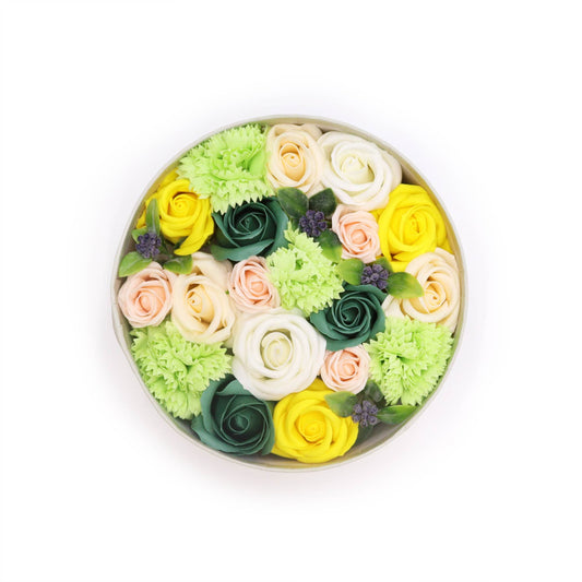 Soap Flowers Round Gift Box - Spring Celebrations - Yellow & Greens