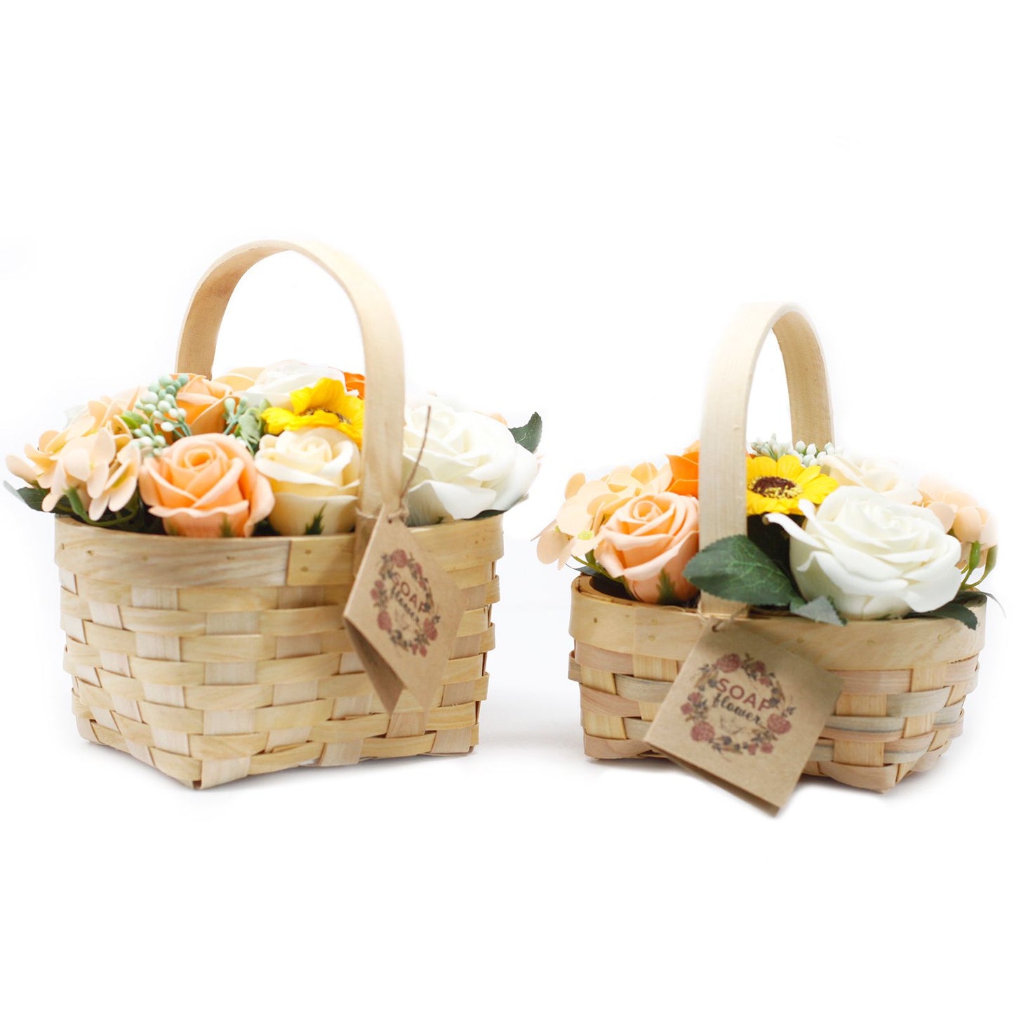 Soap Flowers Large Bouquet in Wicker Basket - Orange