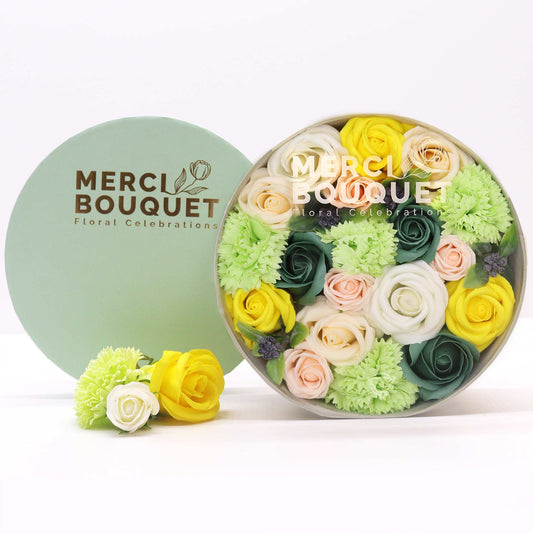 Soap Flowers Round Gift Box - Spring Celebrations - Yellow & Greens