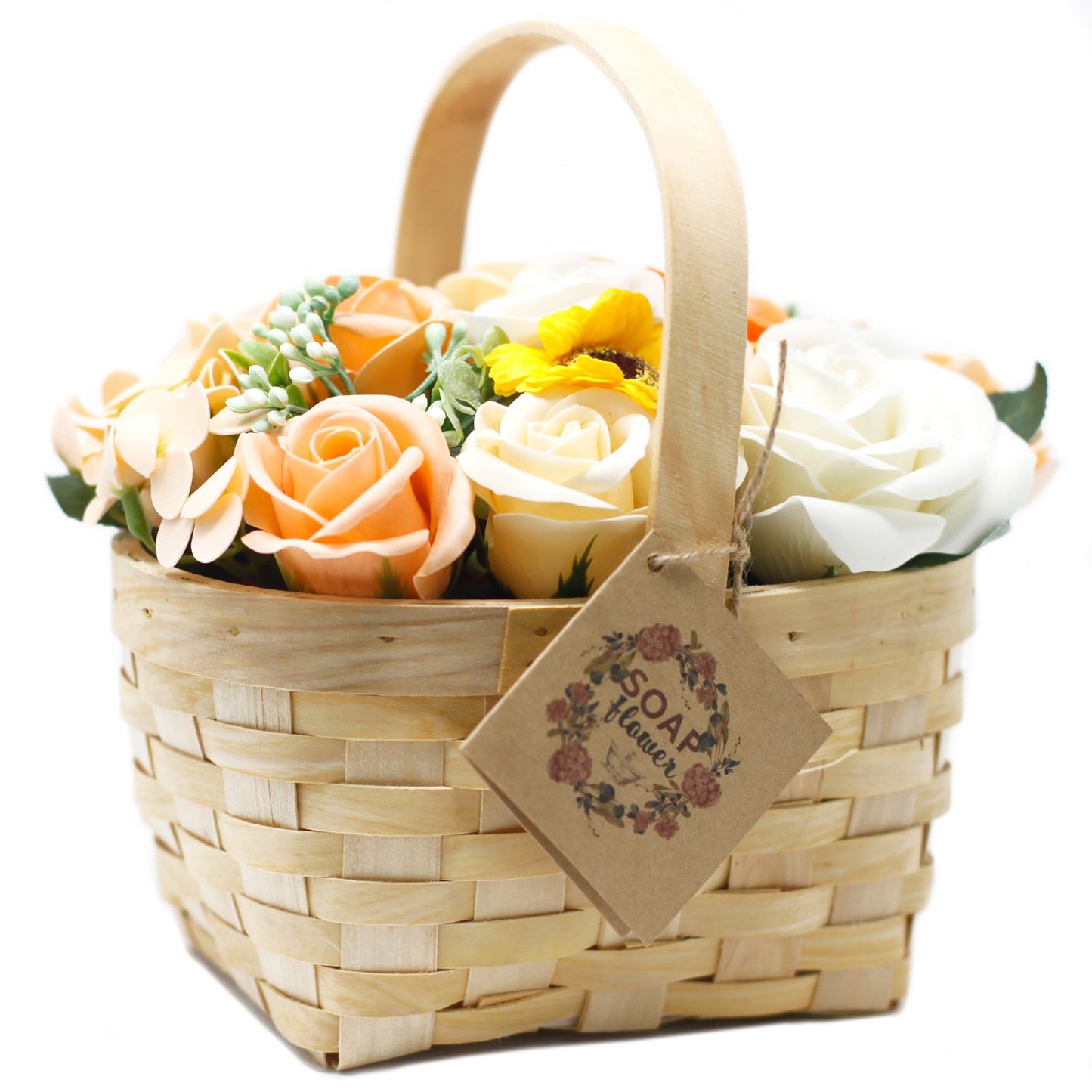 Soap Flowers Large Bouquet in Wicker Basket - Orange