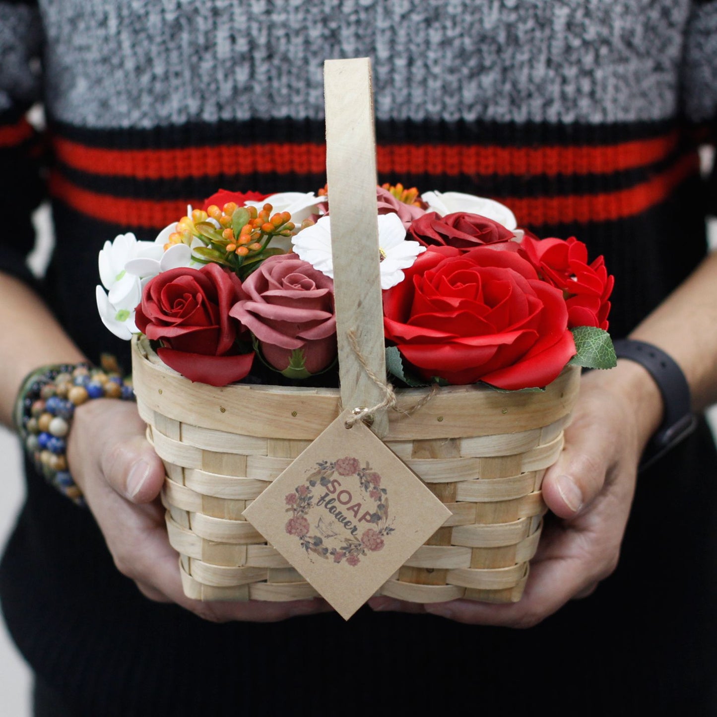 Soap Flowers Large Bouquet in Wicker Basket - Orange