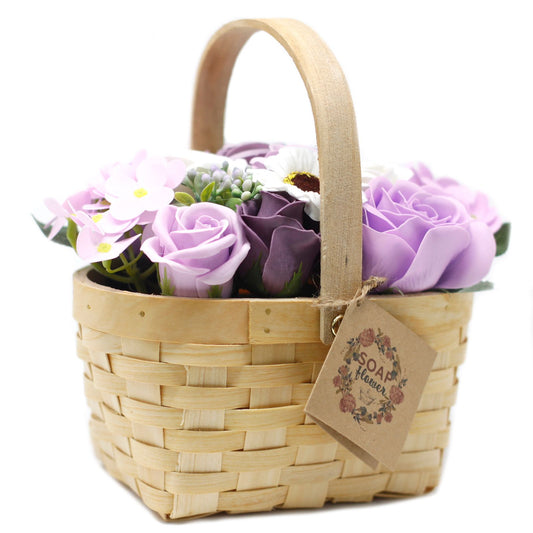 Soap Flowers Large Bouquet in Wicker Basket - Lilac