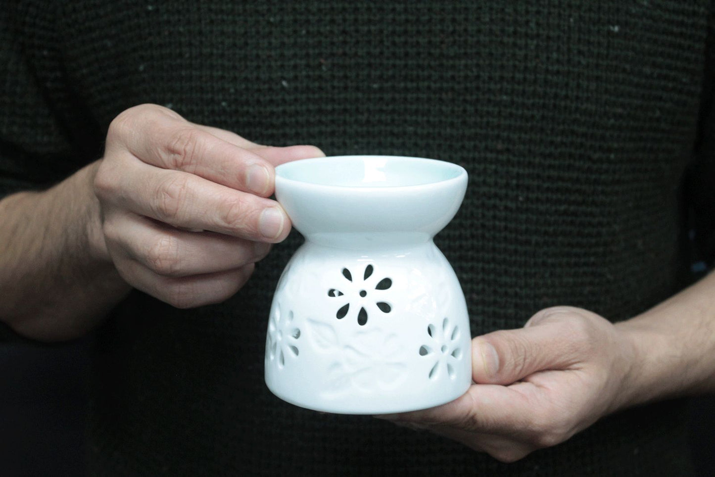 Classic White Oil Burner (Floral with Teal Well) - Ceramic Wax & Oil Warmer