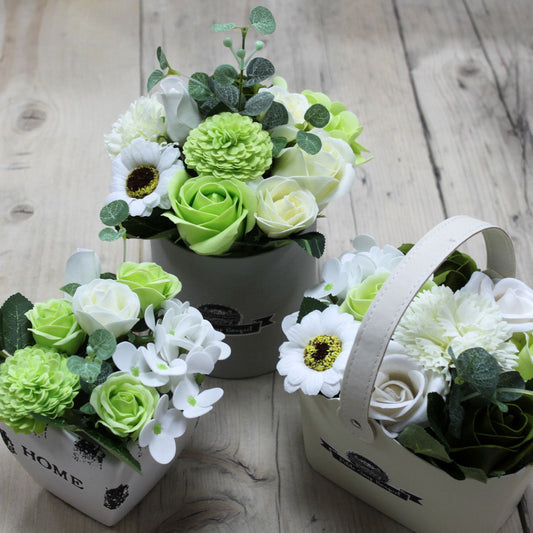 Soap Flowers Petite Basket Bouquet - Pastel Green