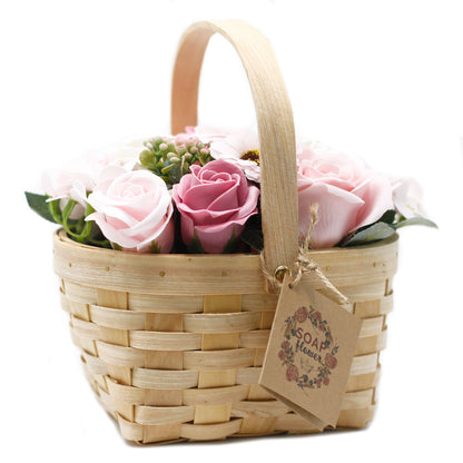 Soap Flowers Large Bouquet in Wicker Basket - Pink