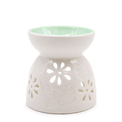 Classic White Oil Burner (Floral with Teal Well) - Ceramic Wax & Oil Warmer