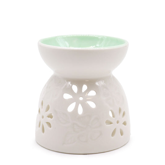 Classic White Oil Burner (Floral with Teal Well) - Ceramic Wax & Oil Warmer