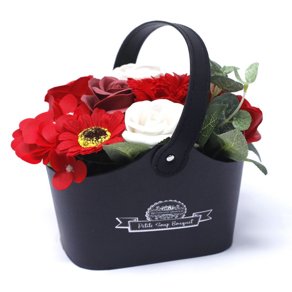 Soap Flowers Petite Basket Bouquet - Rich Reds
