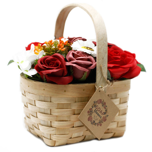 Soap Flowers Large Bouquet in Wicker Basket - Red
