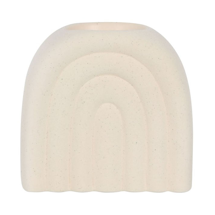 Round, beige-colored object with a rainbow design on a white background
